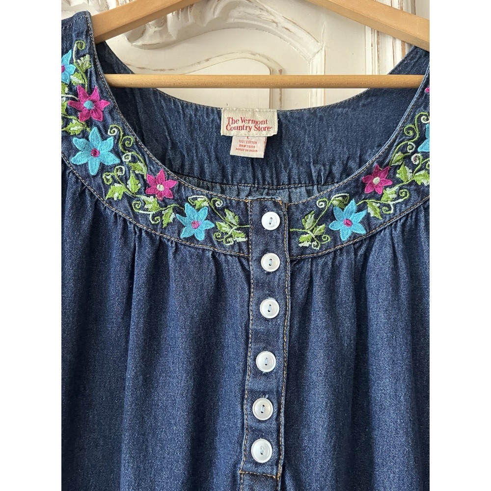 Vermont Country Store Denim Dress Embroidered Floral Peasant Boho Size L - Picture 2 of 10